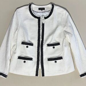 NWT Talbots White Tweed Jacket Black Trim Classic Elegant Chanel Inspired Sz 16